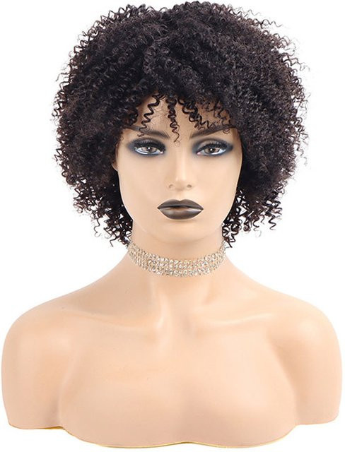 Linhua Kinky Curly Perücke, 4A Lockiges Echthaar mit Pony, Damen - Bild 1