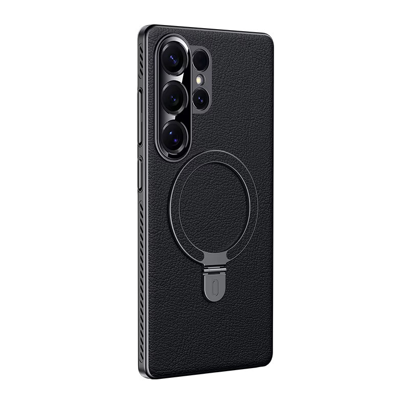 Leder-Schutzhülle mit Streifen-Design und Loch-Wärmeableitung für Samsung Galaxy S24 Ultra und S25 Ultra in Schwarz mit Metall-Halterung und Objektivschutz - Bild 6