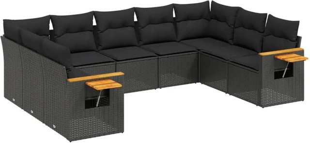 vidaXL 9-teilige Garten-Sofagarnitur mit Kissen aus Poly-Rattan und Akazienholz in Schwarz - Bild 1