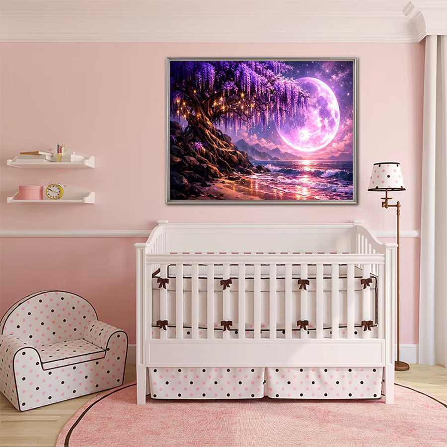 EverShine Diamantmalerei Meereslandschaft mit Kirschblüten und Mond als 5D Mosaik-Wanddekoration mit runden Steinen - Bild 3