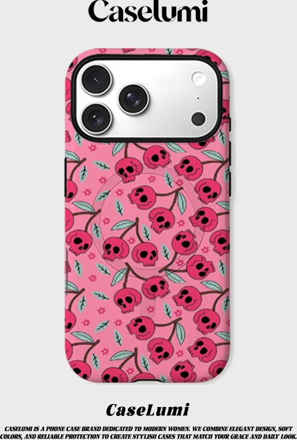 CaseLumi Matte Bumper MagSafe Schutzhülle für iPhone 17 16 15 14 13 Pro Max mit Totenkopf-Kirsch-Design in Pink - Bild 1