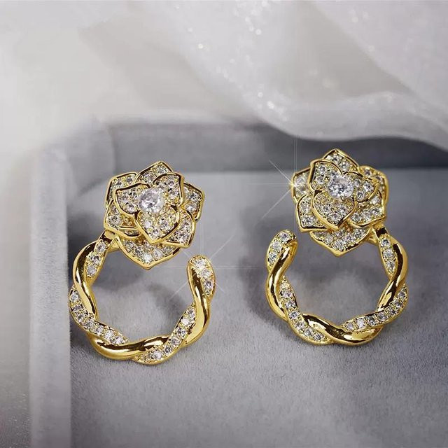 Huitan Clip-Ohrring, Blumen, Zirkonia, Damen, goldfarben - Bild 1