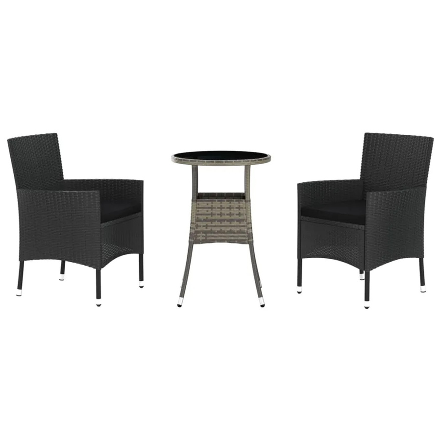 vidaXL 3-tlg Garten-Bistro-Set Modell 2 aus Polyrattan mit Kissen in Schwarz und Grau - Bild 2
