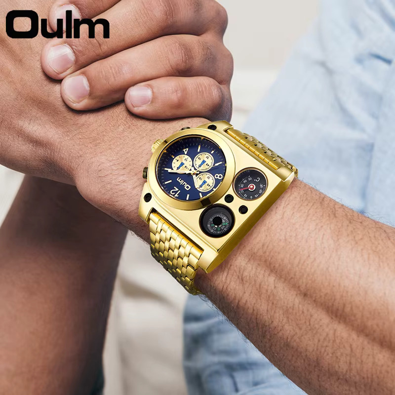 Oulm Armbanduhr Quarz, Kompass, Temperatur Display, Edelstahl, Gold, Herren - Bild 3