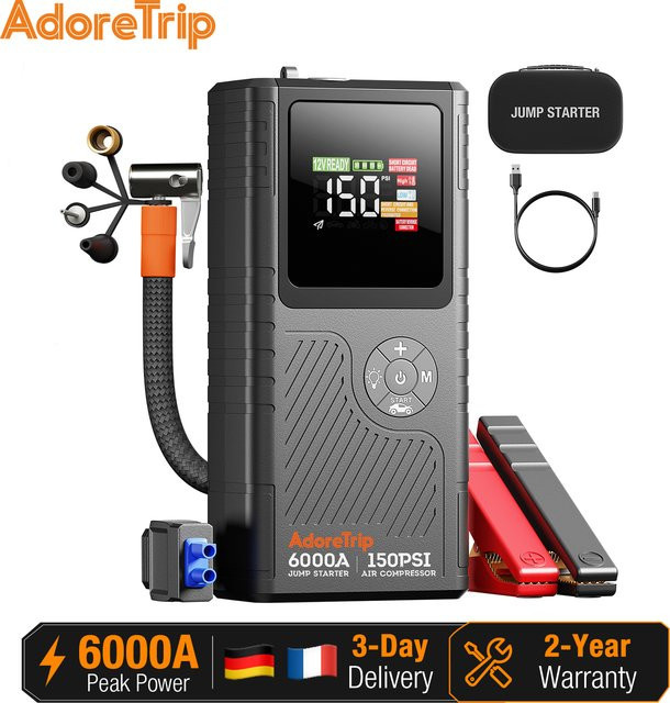 AdoreTrip Auto Starthilfe Powerbank 16000mAh mit Luftkompressor, 6000A Batterie Booster für PKW und SUV, Schwarz - Bild 1