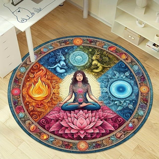 VIKAMA Yoga-Matte Meridian Water Fire Lotus im Boho-Stil, rund, Multicolour, Durchmesser: 60 cm - Bild 1