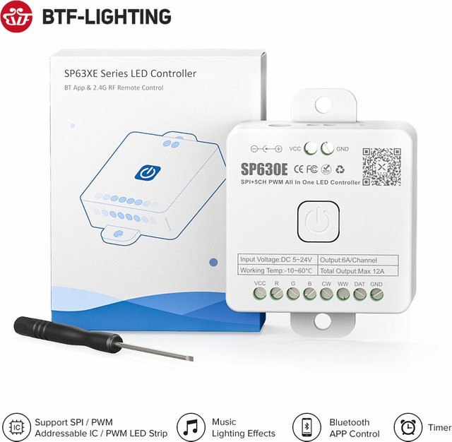 BTF-LIGHTING SP630E All-in-One LED-Controller mit 5CH PWM SPI für Pixel LED-Lichtstreifen WS2812B WS2811 SK6812 FCOB 5050 RGB RGBW CCT mit Bluetooth und Musikfunktion (5V-24V) - Bild 1