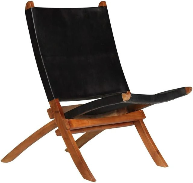 vidaXL Relaxstuhl klappbar aus Akazienholz und Echtleder in Schwarz, B/T/H: 79,0 x 59,0 x 72,0 cm - Bild 1