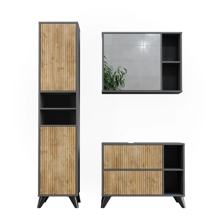 Vicco Badmöbel-Set Leano in Anthrazit und Bergeiche mit Waschtischunterschrank, Spiegelschrank und Hochschrank, Breite: 80 cm - Bild 2