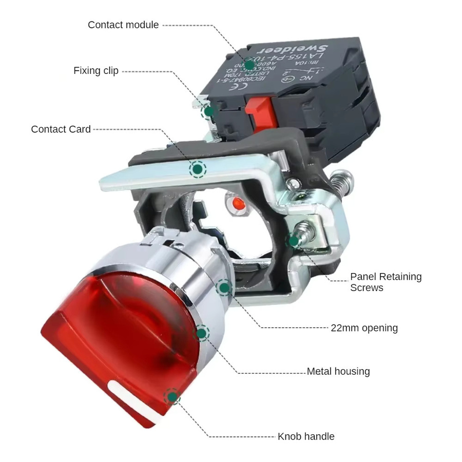 Sweideer Xb4 Drehschalter mit LED-Leuchtanzeige 22mm, 2 Positionen, selbsthemmend, 1NO/2NO/1NO1NC, 12V/24V, 10A, Farben: Rot, Grün, Weiß - Bild 4