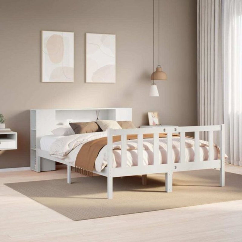 Massivholzbett Vidaxl aus Kiefer mit Regal in Weiß, B/T/H: 140 x 200 cm - Bild 1