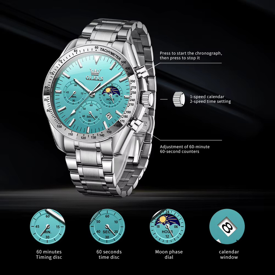 OLEVS Armbanduhr, Chronograph, Quarz, Edelstahl, Blau, Herren - Bild 2