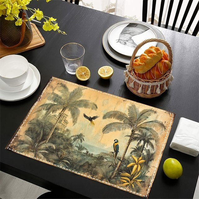 VIKAMA Tischset mit tropischem Palmen- und Vogelmuster in Multicolour, rechteckig, Leinen-Stil, B/T: 45,0 x 30,0 cm - Bild 1