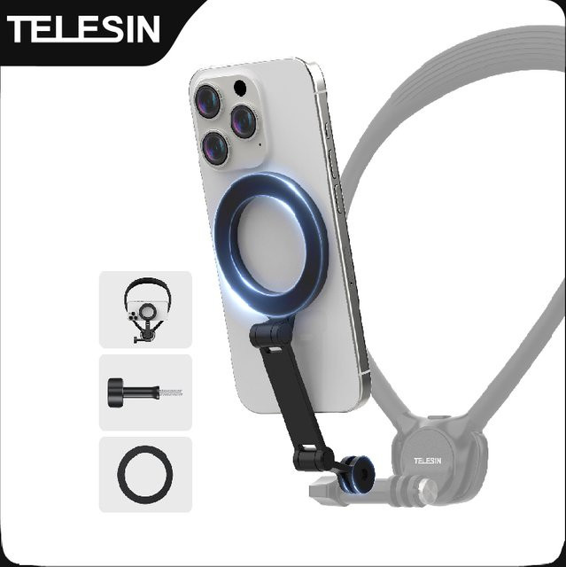 TELESIN Magnetischer Handy-Ständer in Schwarz mit zwei Klauen-Adaptern für iPhone und Android-Smartphones - Bild 1