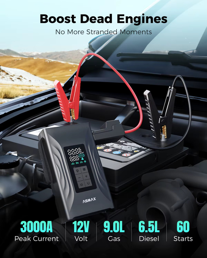 ASMAX T20 3000A Tragbarer Auto-Starthilfe-Kompressor und Reifenfüller mit 150PSI, Notstromversorgung für 12V Autos, USB-C-Ladung, Schwarz - Bild 3