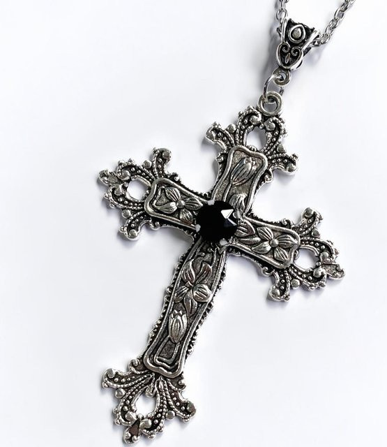 Halskette mit Kreuz Anhänger, Silber, Kristall, Unisex, gray - Bild 1