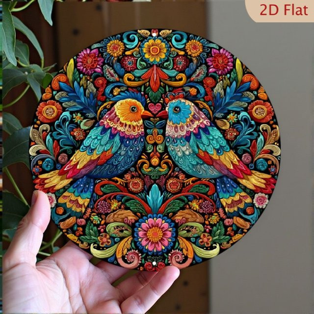 VIVID Metall-Wandkunst rundes Blechschild mit Vogel und Blumen in Mehrfarbig, Rustikale Dekoration Durchmesser: 20 cm - Bild 1