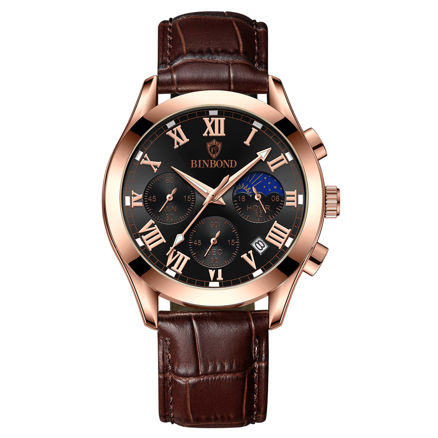BINBOND Armbanduhr, Chronograph, Quarz, Leder, Schwarz, Roségold, Herren - Bild 6