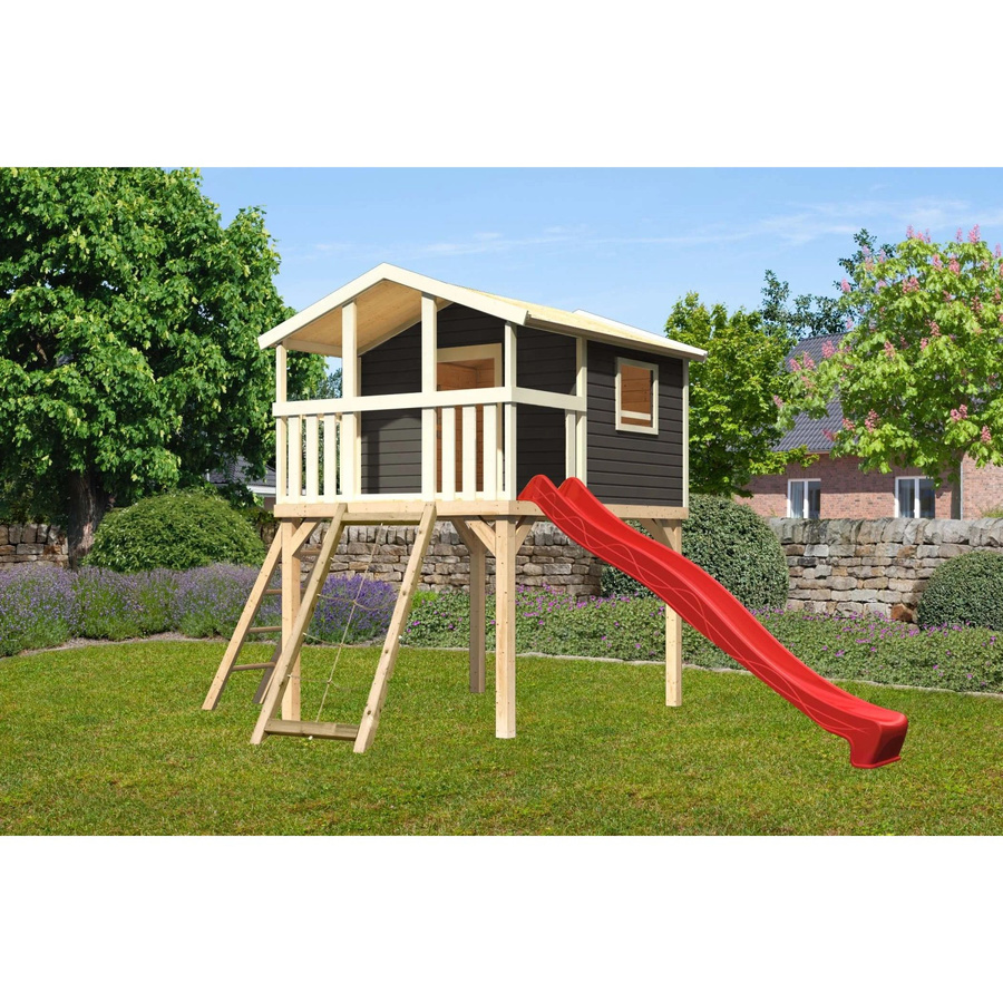 Karibu Stelzenhaus Benjamin in Terragrau mit Leiter, Netzrampe und Rutsche in Rot, B/H/T: 225 x 309 x 250 cm - Bild 2