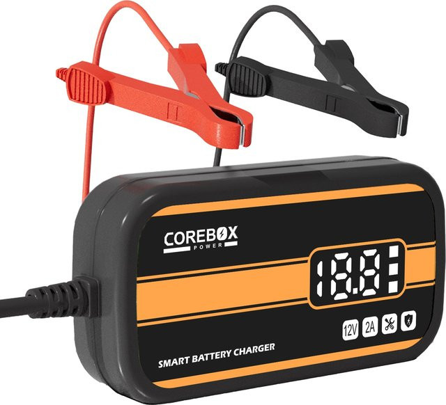 Intelligentes 12 V Batterieladegerät mit LCD-Display für Auto, Motorrad, Wohnmobil, ATV und Boot, passend für Blei-Säure, AGM und Gel Batterien, 2 A, Schwarz-Orange - Bild 1
