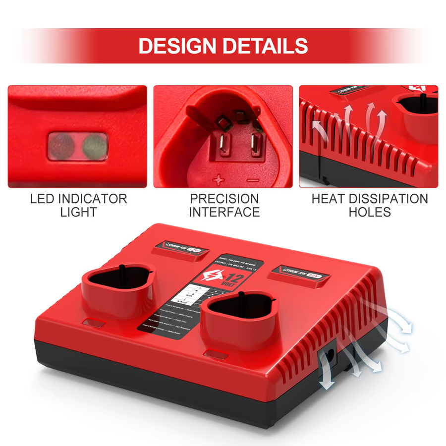 Milwaukee Ersatz-Akkuladegerät Dual-Port-Ladegerät für M12 N12 Lithium-Akkus 48-11-2401 und 48-11-2420 in Rot - Bild 4