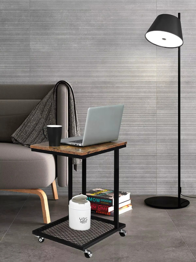 WOLTU C-förmiger Couchtisch im Industrial-Design mit Rollen und Gitter-Ablagefach aus Metall in Matt - Bild 6