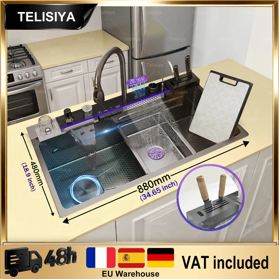 TELISIYA Edelstahl-Küchenspüle in Silber mit großem Einzelbecken, digitaler Anzeige und Wasserfall-Wasserhahn für Warm- und Kaltwasser - Bild 5