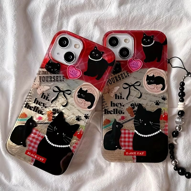 Schwarze Handyhülle mit Katzenmuster und Perlen-Lanyard für iPhone 11 bis iPhone 17 Pro Max und weitere Modelle - Bild 2