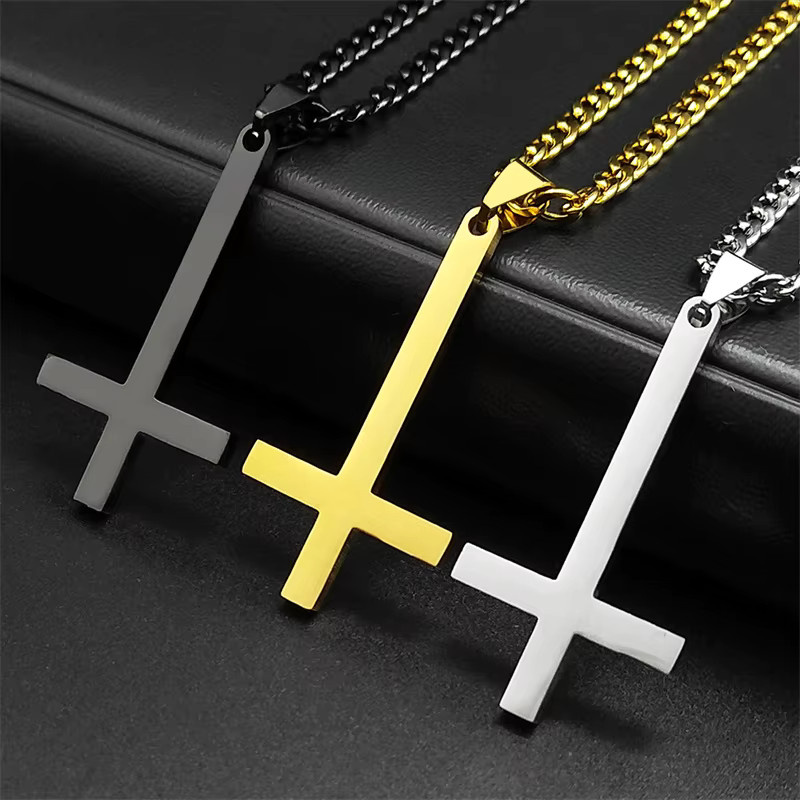 AFAWA Halskette Edelstahl, Gothic, Invertiertes Kreuz, Schwarz, Unisex - Bild 1