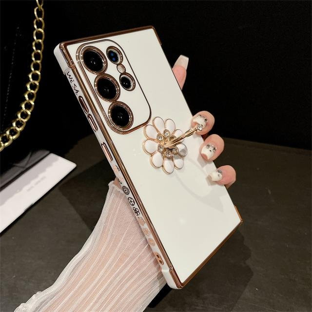 Luxus Handyhülle mit Rahmen Ring Ständer für Samsung Galaxy S24 Ultra S23 S22 S21 A55 A54 A52 A25 in Gold und Weiß - Bild 1