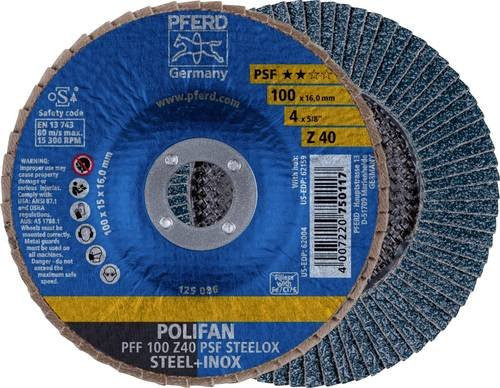PFERD POLIFAN Fächerschleifscheibe PSF STEELOX für Stahl und Edelstahl, Durchmesser: 100 mm, Bohrungs-Ø: 16 mm, Körnung: 40, Farbe: Blau - Bild 1
