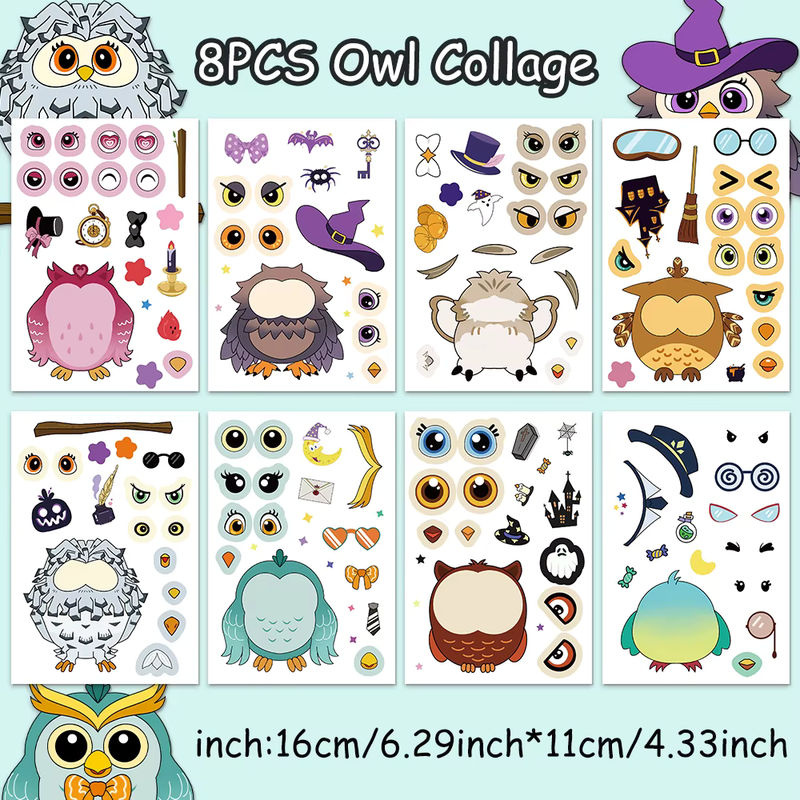 8er Set Eule Collage Aufkleber aus Papier, wasserfeste DIY Sticker für Kinder in Mehrfarbig - Bild 3