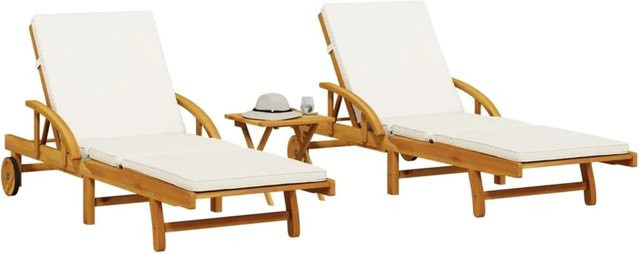 vidaXL Sonnenliegen Set aus 2 Stück mit Tisch aus massivem Akazienholz in Braun, B/T/H: 200 x 68 x 30-83 cm - Bild 1