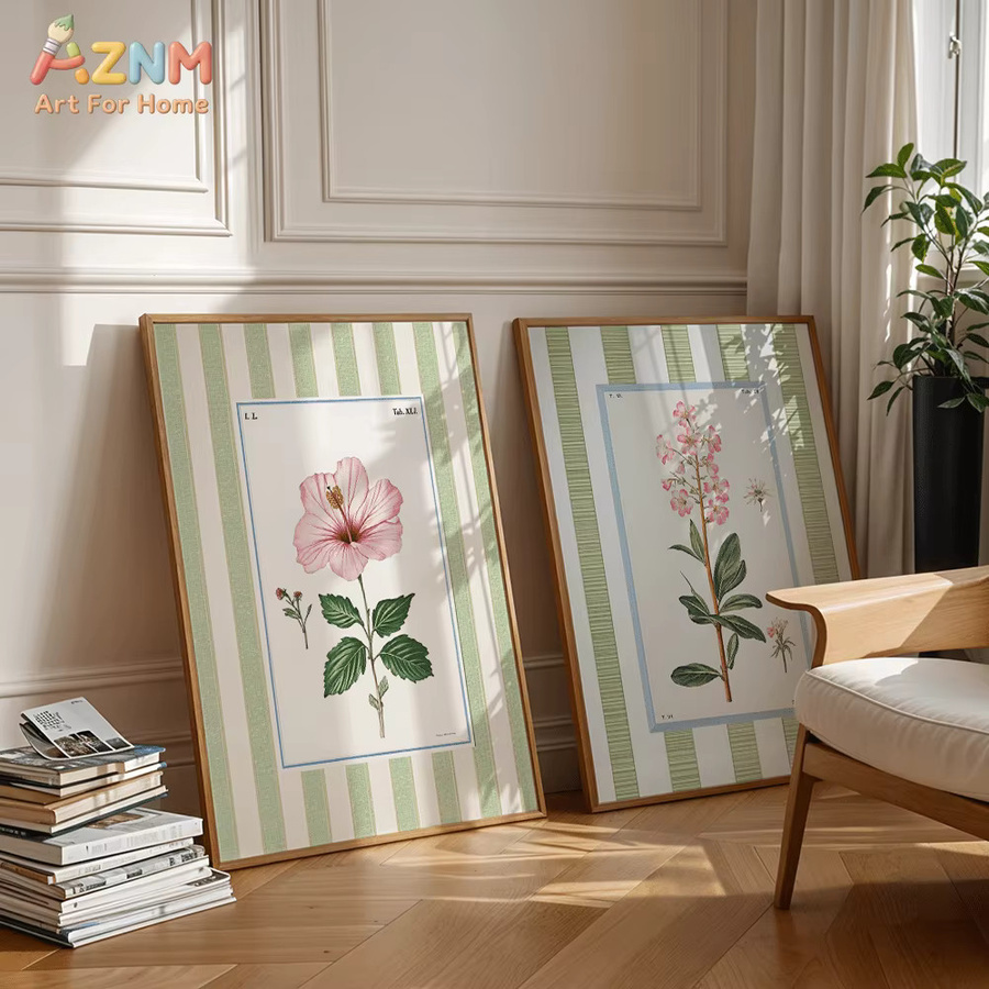 AZNM Vintage Botanischer Blumendruck auf Leinwand, Grün Gestreift, Antike Blumenillustration Wandkunst im Retro Cottagecore Stil - Bild 2