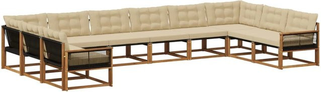 vidaXL Outdoor-Sofagarnitur in U-Form aus massivem Akazienholz mit 10 Kissen in Natur und Beige - Bild 1