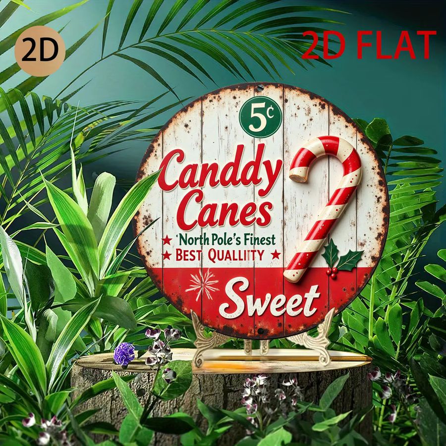 Vintage Candy Cane Metall-Wandkunst von Potdemiel – Kreisförmiges Blechschild mit rot-weißen Streifen und Holly-Akzenten für Weihnachten, Durchmesser: 20 cm - Bild 4