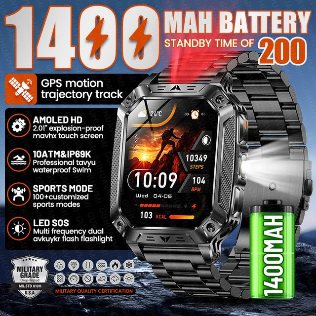 GUHUAVMI Militär-Smartwatch für Herren in Schwarz mit 1400mAh Akku, GPS, SOS-Funktion, Taschenlampe, Bluetooth-Anruf und 10ATM Wasserdichtigkeit - Bild 1