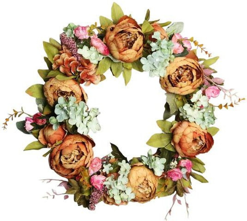Dengjunhu Künstlicher Pfingstrosenkranz in Grün und Multicolour, Durchmesser: 40 cm, Florale Blumengirlande für Wandbehang und Dekoration bei Hochzeiten oder im Außenbereich