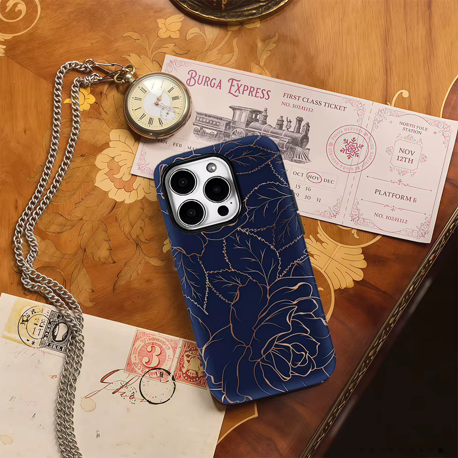 Marinegoldene Handyhülle mit floralem Lineart-Design für iPhone 17 Pro Max, 17, 16, 15, 14, 13, 12, 11 und Air/16E mit doppellagiger Rückseite in Blau und Gold - Bild 4