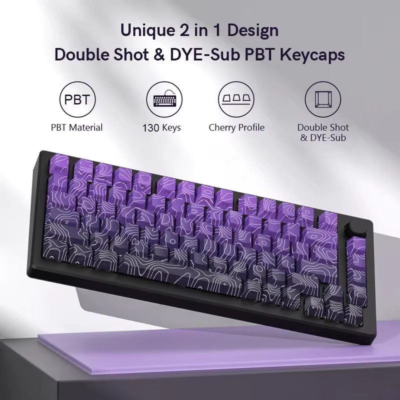 Violette Tastenkappen mit topografischem Seitendruck und Glanzeffekt, Kirschprofil, Double Shot Dye Sub PBT für MX Switches, Farbe: Violett/Weiß - Bild 3
