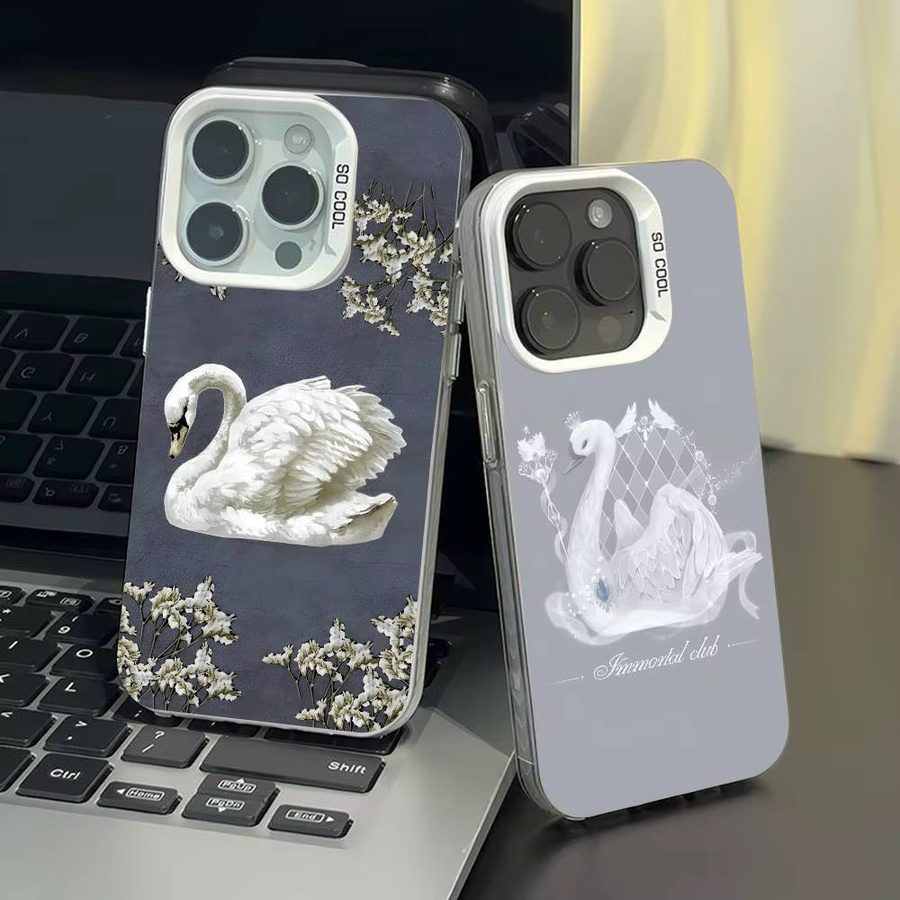 Elegante Handyhülle im Schwan-Design für Apple iPhone 17 16 15 14 13 12 11 Pro Max Plus in Weiß und Silber - Bild 2
