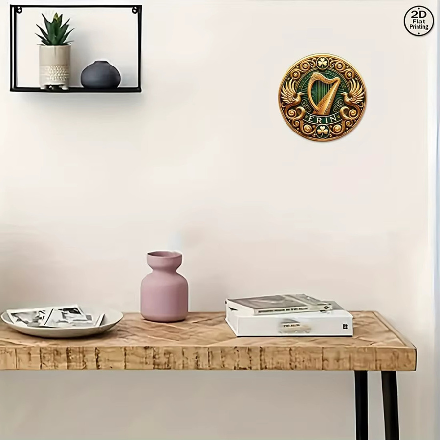 CIFBUY Vintage Metallwandschild mit Harfe und Kleeblatt, runde Wanddekoration für Zuhause, Kneipe oder Café, Durchmesser: 20,3 cm - Bild 6
