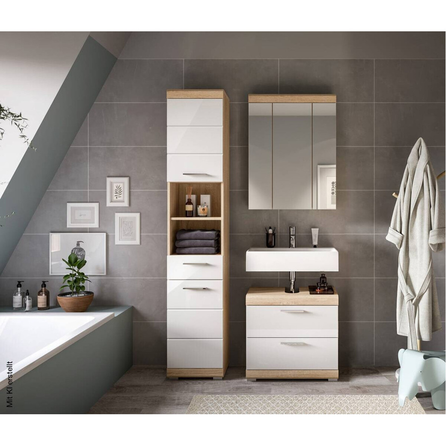 Badezimmer-Set Lambada von xonox.home in Eiche und Weiß Hochglanz, 3-teilig bestehend aus Unterschrank, Spiegelschrank mit LED-Beleuchtung und Hochschrank, B/H/T: 112 x 191 x 37 cm - Bild 2