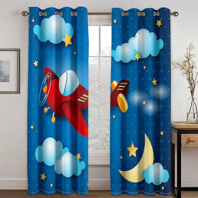 A Family Of Home Textiles Kinder Fenstervorhänge mit 3D-Weltraum-Motiv, Blau, 2 Paneele, Breite: 135 cm, Höhe: 165 cm - Bild 1