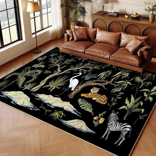 Karpetti Kinderteppich mit Dschungeltier-Cartoon-Design, rutschfest und waschbar, B/B: 80 x 120 cm, Schwarz - Bild 1