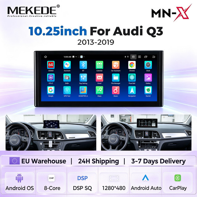 MEKEDE Android 14 Autoradio für Audi Q3 2013-2019 mit 10,25 Zoll Bildschirm, 6GB RAM, 128GB Speicher, kabellosem CarPlay, Android Auto, GPS, 4G, Bluetooth und DSP, Schwarz - Bild 1