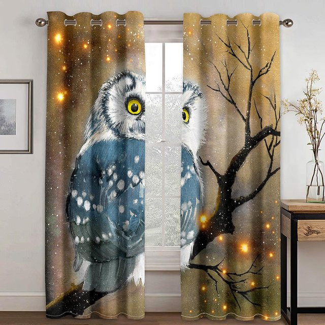 Yiran Furniture Eulen Vorhänge für Kinder mit 3D Cartoon Tier-Motiv, 2 Paneele, halbtransparent, Polyester, Mehrfarbig, B: 50 cm, H: 130 cm - Bild 1