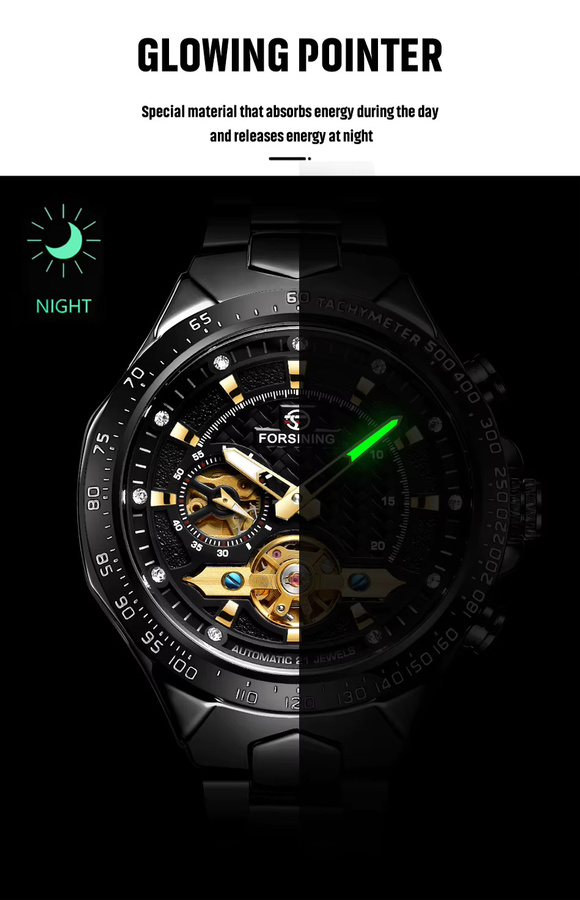 Forsining Armbanduhr Automatik, Edelstahl, Diamant, Schwarz, Herren - Bild 2