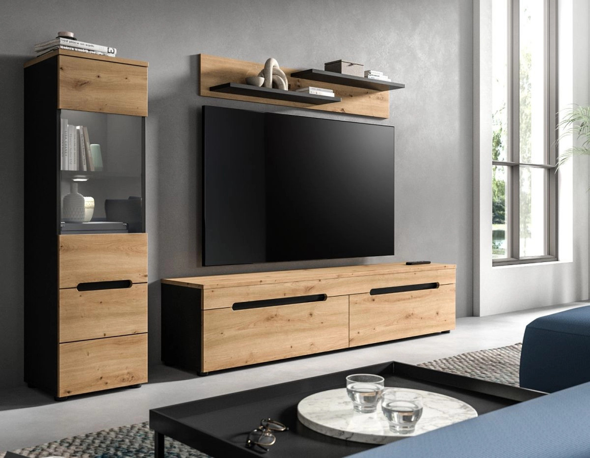 Inn.Furn Wohnwand Cooper modern in Eiche und Grau mit Glasvitrine und Lowboard, Breite: 221 cm - Bild 2