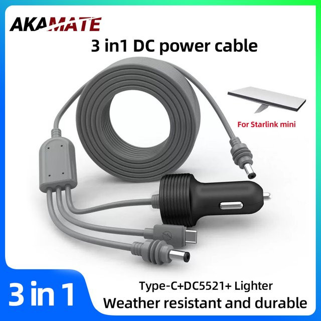 AKAMATE 3in1 Auto-Netzkabel für Starlink Mini mit USB-C und DC5521 Zigarettenanzünder, wasserdicht, Schwarz - Bild 1